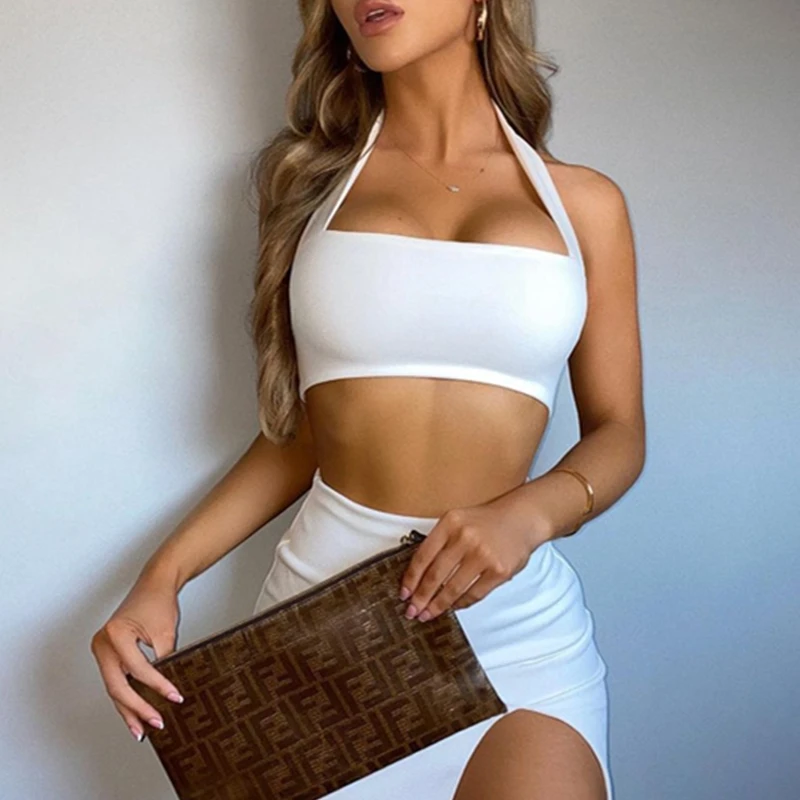 

fashion neck top high waist hip split short skirt two piece set hot girl solid color suit fashion