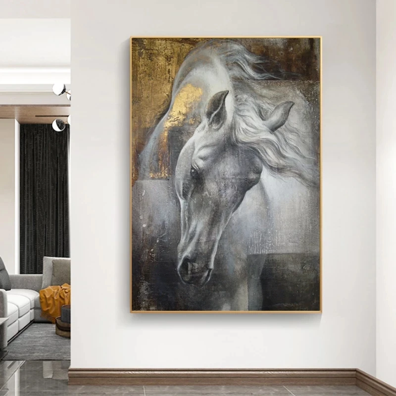 

Modular Hd Printed Golden White Horse Pictures Home Decoration Animal Paintings Canvas Posters Wall Art For Living Room No Frame