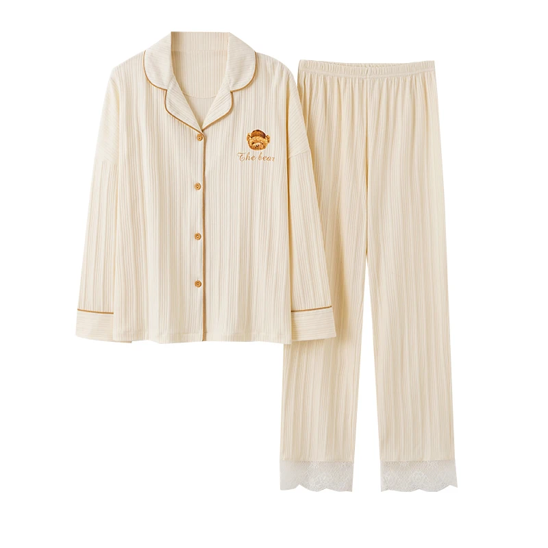 

Outdoor Ladies Sleepwear Cute Bear Pocket Beige Gentle Ladies Home Clothes Cotton Warm Simple Lapel Lace Sexy Casual Large Size