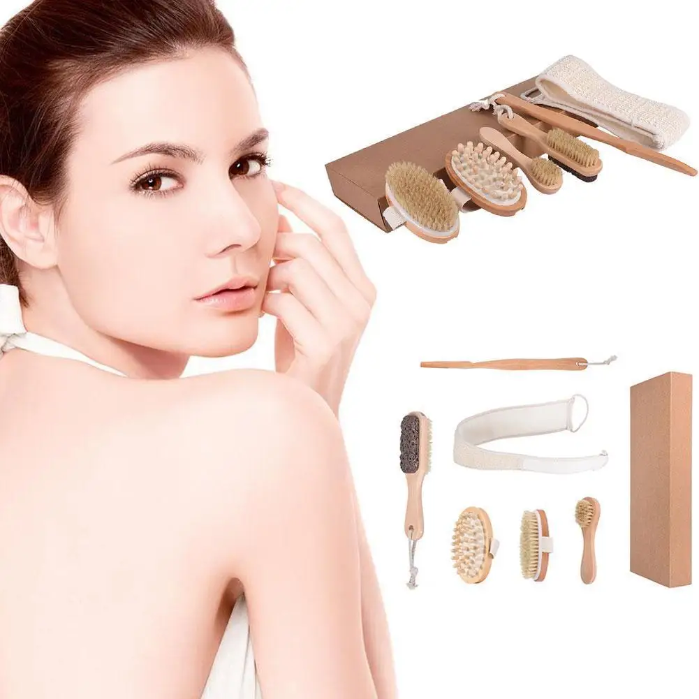 

6 шт./компл. деревянная щетка для сухой ванны, натуральная кожа, отшелушивающая мягкая спа-щетка унисекс для ухода за кожей, Массажная щетка д...
