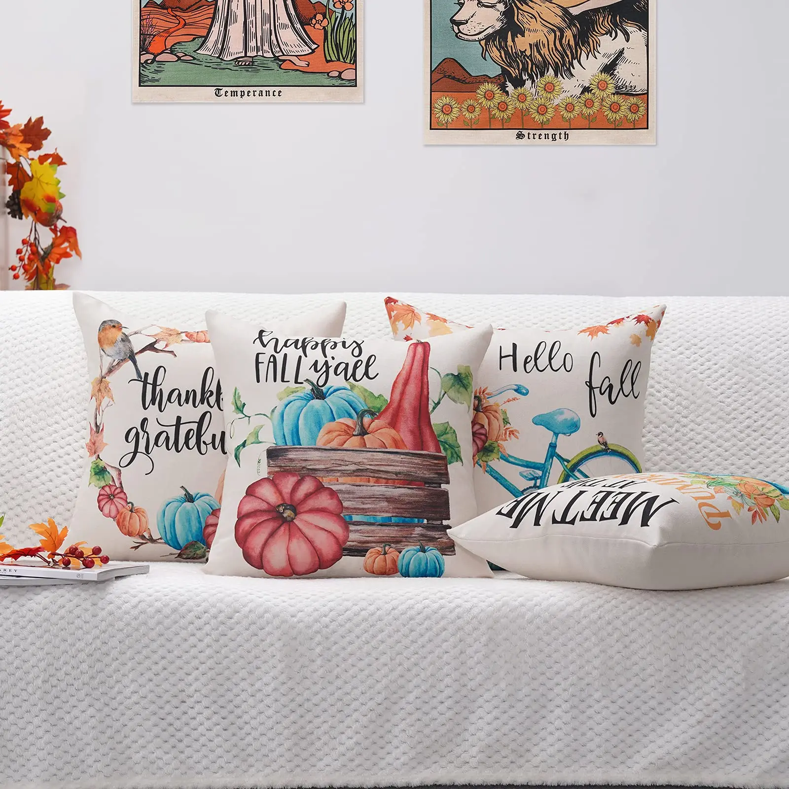 Голубая льняная наволочка с изображением грузовика велосипеда тыквы дивана