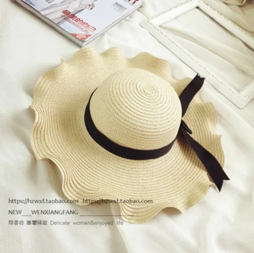 

Summer Women Hat 2021 Sun Hat Lafite Straw Brim Style Beach Wavy Edge Bow Sunscreen Seaside Travel Vacation Leisure Hat