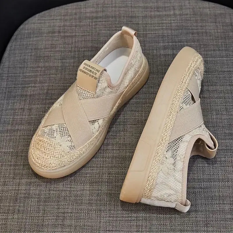 

Mesh Fisherman Shoes Women Flat Net Shoes Women Shoes Golden Hemp Rope Bottom Heel One Pedal Lazy Shoes