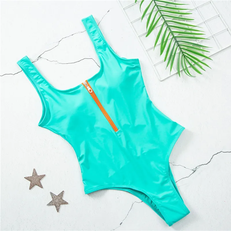 

2021 New Sexy Zipper One Piece Swimsuit Women Solid Swimwear Bodysuit Swimsuit Push Up Monokini Bathing Suit Summer Beachwear XL