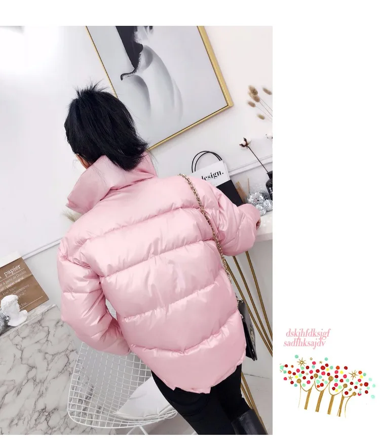 Новая зимняя Глянцевая пуховая хлопковая парка для женщин, теплая яркая Kindy цветная короткая куртка, женская тонкая куртка на молнии, Женское пальто 412
