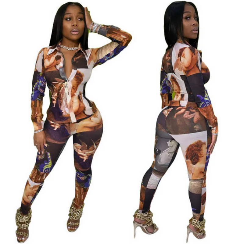

2 Piece Outfits Womens Autumn Fashion Floral Printed Tracksuit Casual Long Sleeve 3D Print Button Down Shirt&Bodycon Pants Sets