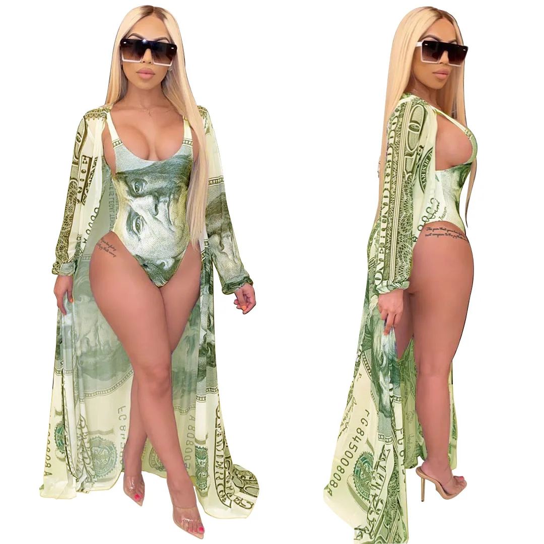 European and American women's 2021 swimsuit fashion casual print Cape + bikini split swimsuit with belt