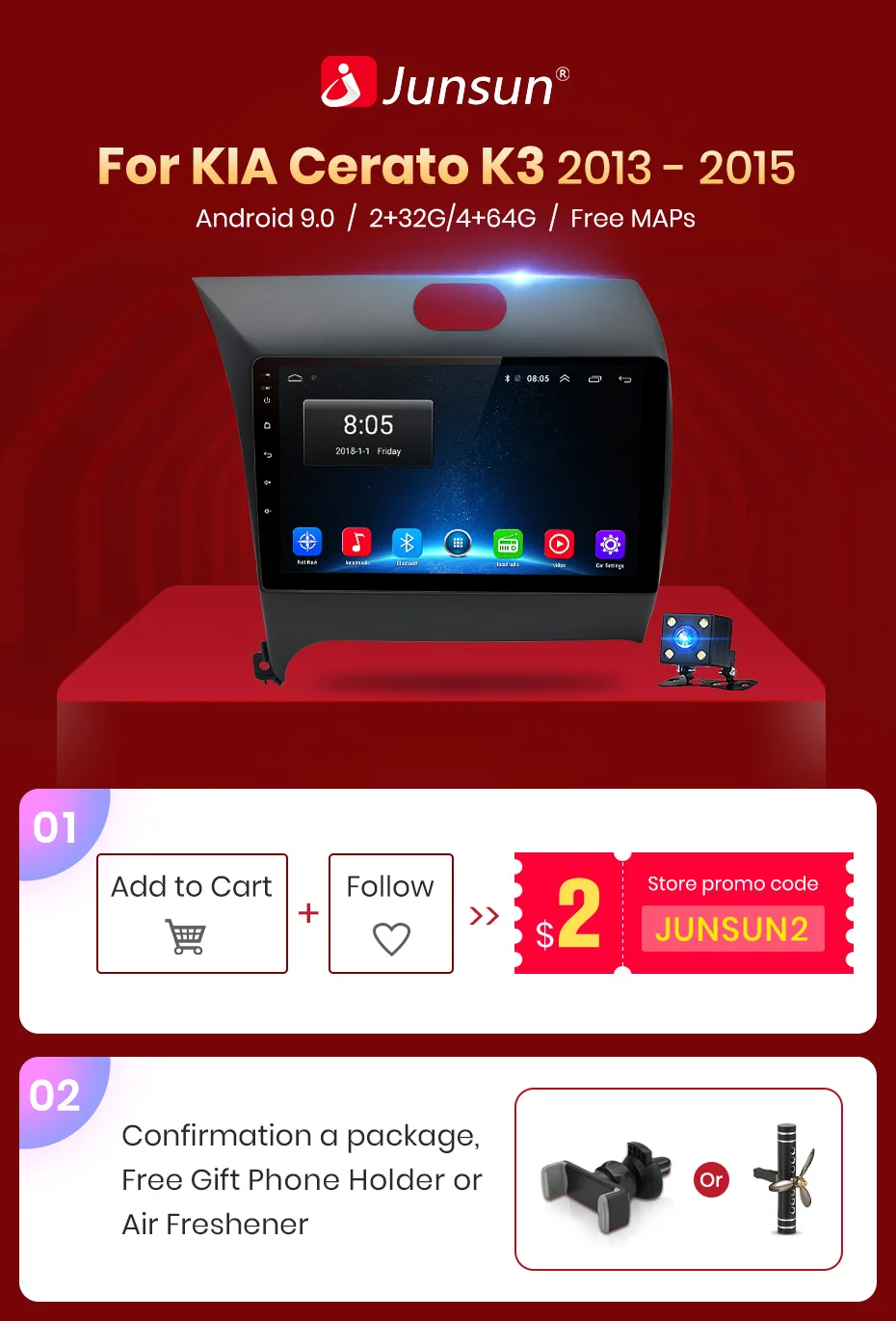 Junsun Штатное Головное устройство For KIA Cerato 2 forte GPS навигатор Android 8.1 aвтомагнитола магнитола 2 din автомагнитолы 2DIN Андроид для Киа церато штатная магнитола 2GB+32GB автомобильная мультимедиа