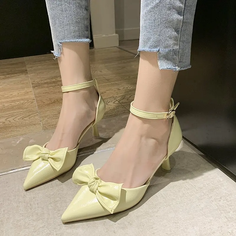 

VMTI 2021 Summer New Bow Female Stiletto Single Shoes Pure Color Temperament High Heels Feminine Pointy Buckle Women's Shoes