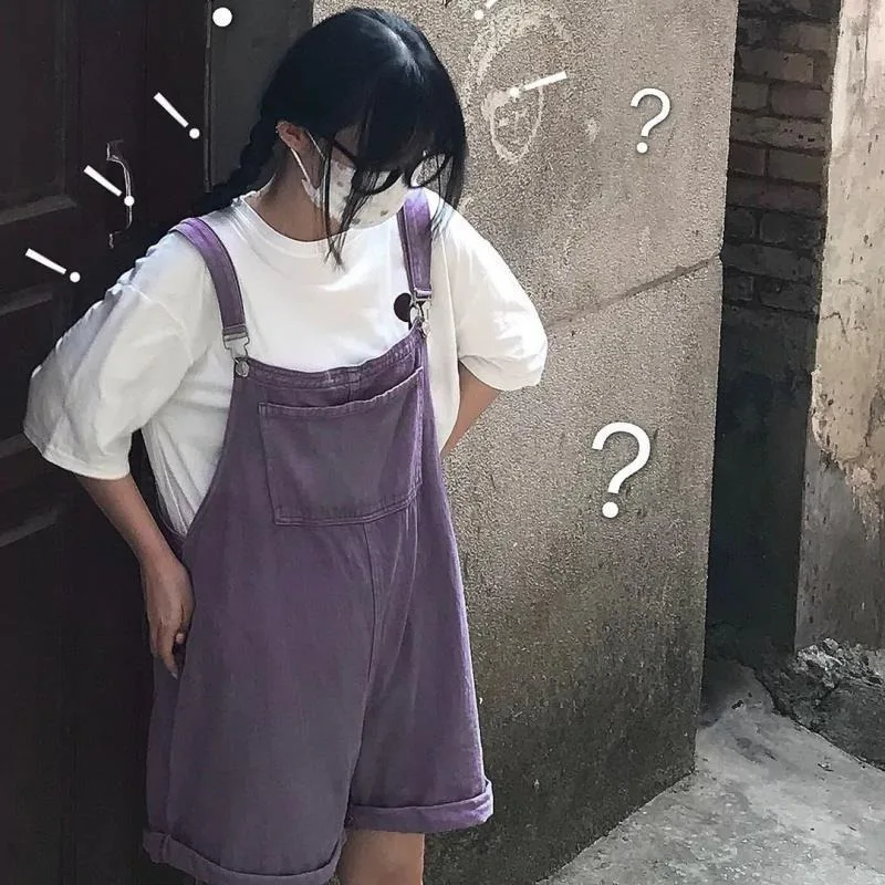 

Women Rompers Purple Denim Overalls Pockets Loose Wide Leg Simple Harajuku Vintage Students All-match Korean Style Ankle Length