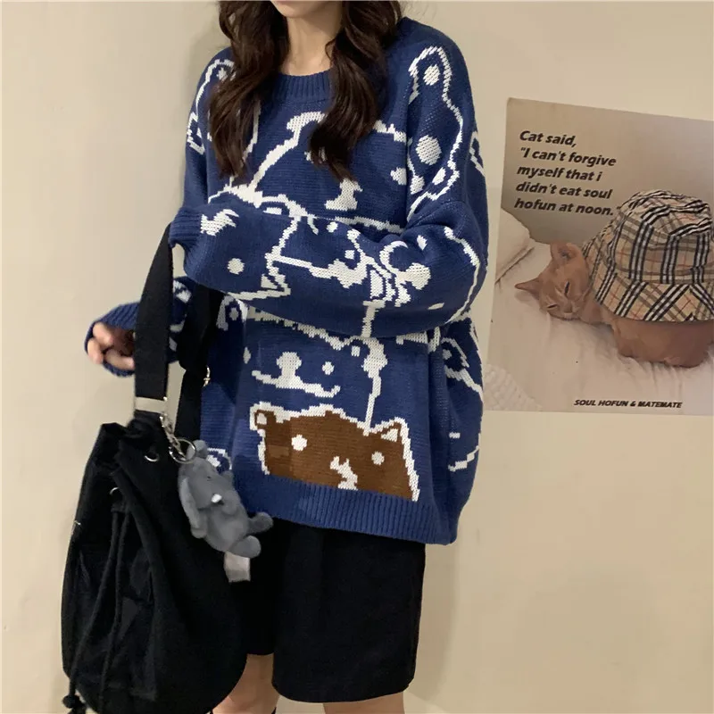 Gaganight Bear Повседневный свободный свитер для девочек с длинными рукавами и круглым