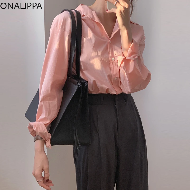 

ONALIPPA Elegant Set Female 2021 Autumn French Temperament Lapel Single-Breasted Shirt High-Waist All-Match Casual Wide-Leg Pant