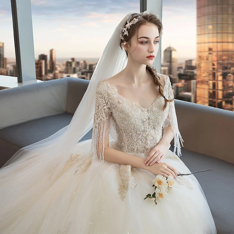 JKM049 Vestido De Noiva элегантное кружевное свадебное платье бальное длиной до пола с