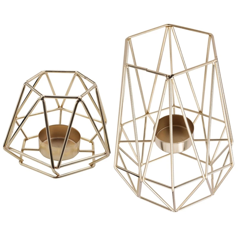 

Set of 2 Gold Geometric Metal Tealight Candle Holders for Living Room & Bathroom Decorations - Centerpieces for Wedding & Dining