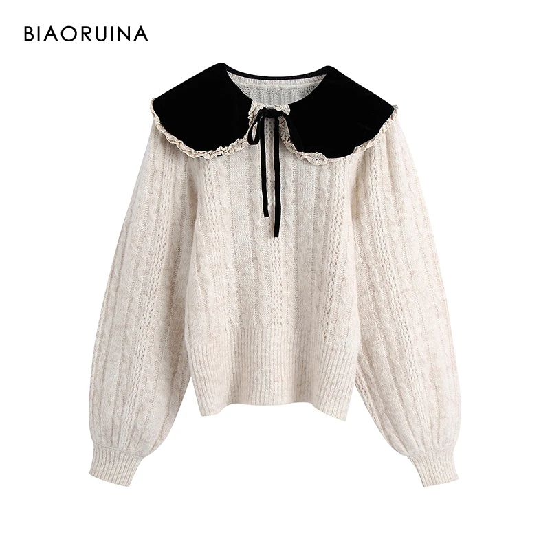 

BIAORUINA Womens White Knitted Patchwork Black Lace Bow Peter Pan Collar Sweet Short Sweater Preppy Style Autumn Winter Pullover
