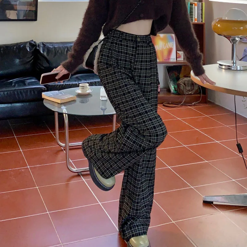 

2021 new retro plaid corduroy high-waist casual wide-leg pants were thin and versatile straight trousers women