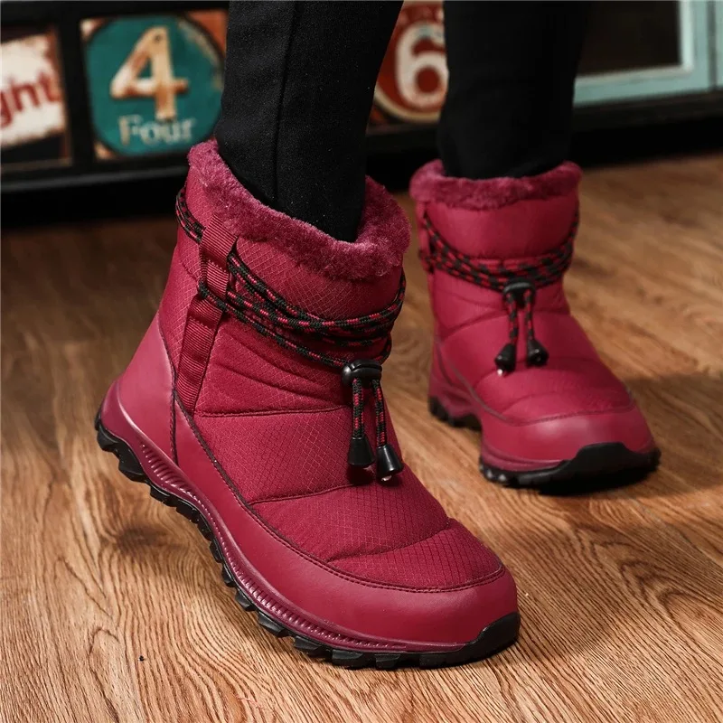 

Snow Boots Winter Climbing Boots Women Waterproof Shoes Black Boots Female Slip On Fur Plush Booties Ladies Bota Feminina