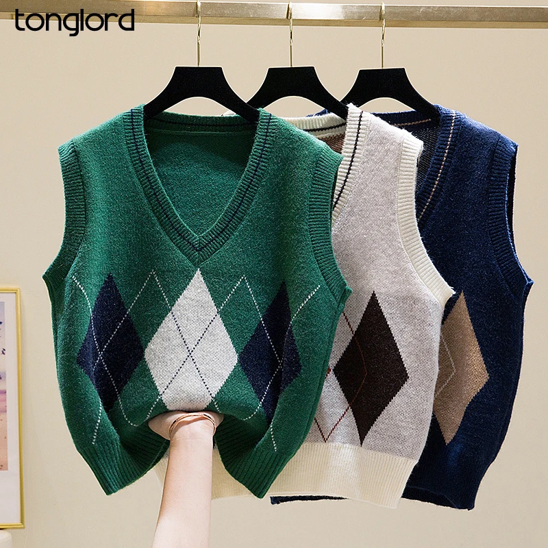 

Women Sweater Vest Casual Diamond Printed V-neck Knit Vest Sleeveless Sweater for Woman Cashmere Pullover Sweater Vest Spring