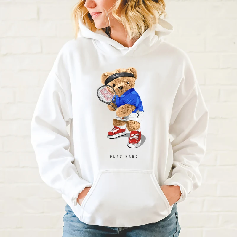 

Creative Fashion Tennis Teddy Bear Print Sweatshirt Autumn/Winter Thickening Plus-size Men and Women Hoodies Lovers Hoodie S-4XL