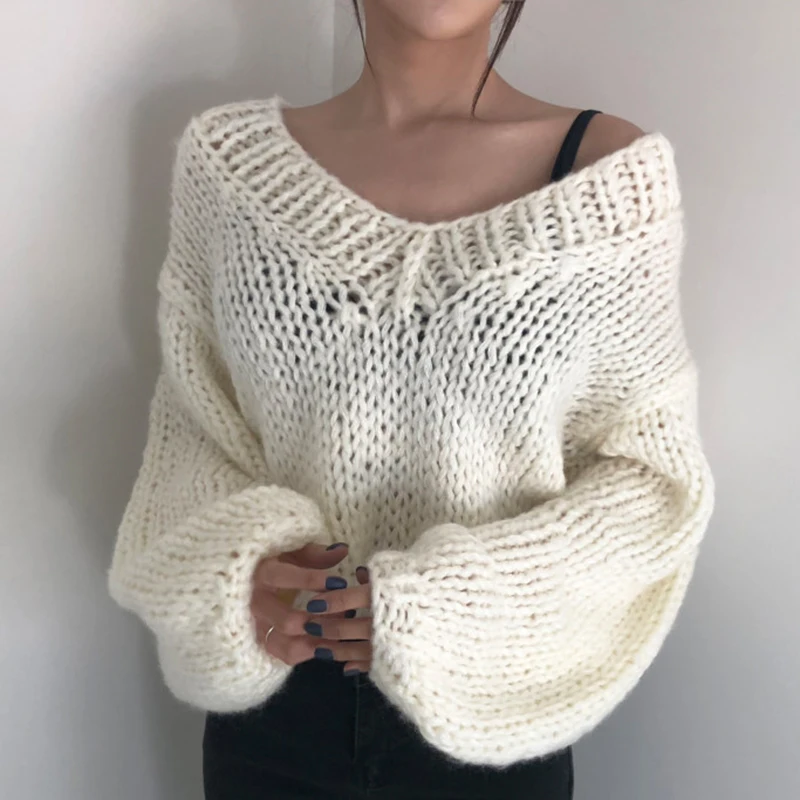 

WHCW CGDSR cute pullover 2020 korean solid jumper loose oversized knitted elegant woman spring winter sweater women thick vintag