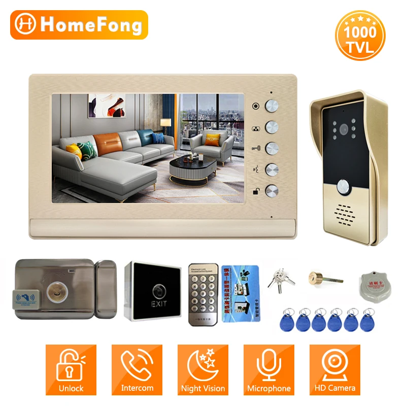 

HomeFong 7 Inch Video Intercom with Lock For Home Door Phone System Apartment 1000TVL Doorbell Call Panel Camera Monitor Unlock