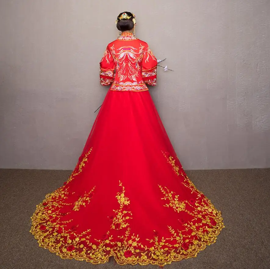 

Chinese Wedding Bride Cheongsam Dress Traditional Wedding Banquet Costume Dragon Phoenix Embroidery Qipao