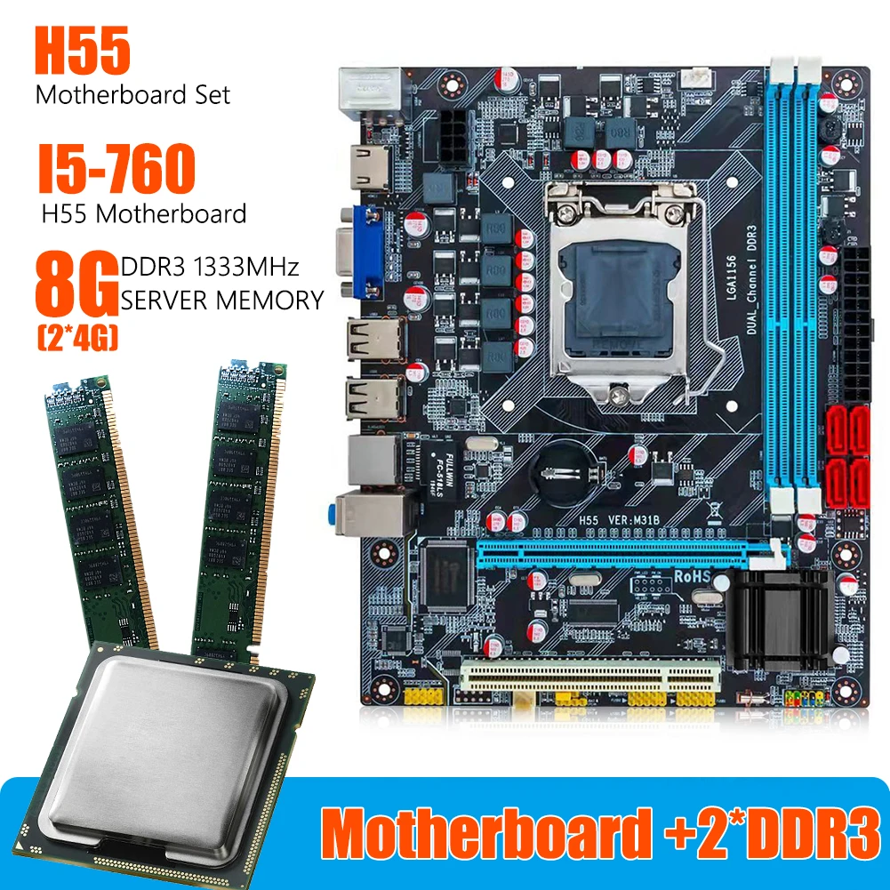 

H55 Motherboard+Intel Core i5-760 CPU+2xDDR3 4G Memory for LGA1156 Boards Kit Desktop Computer Accessory
