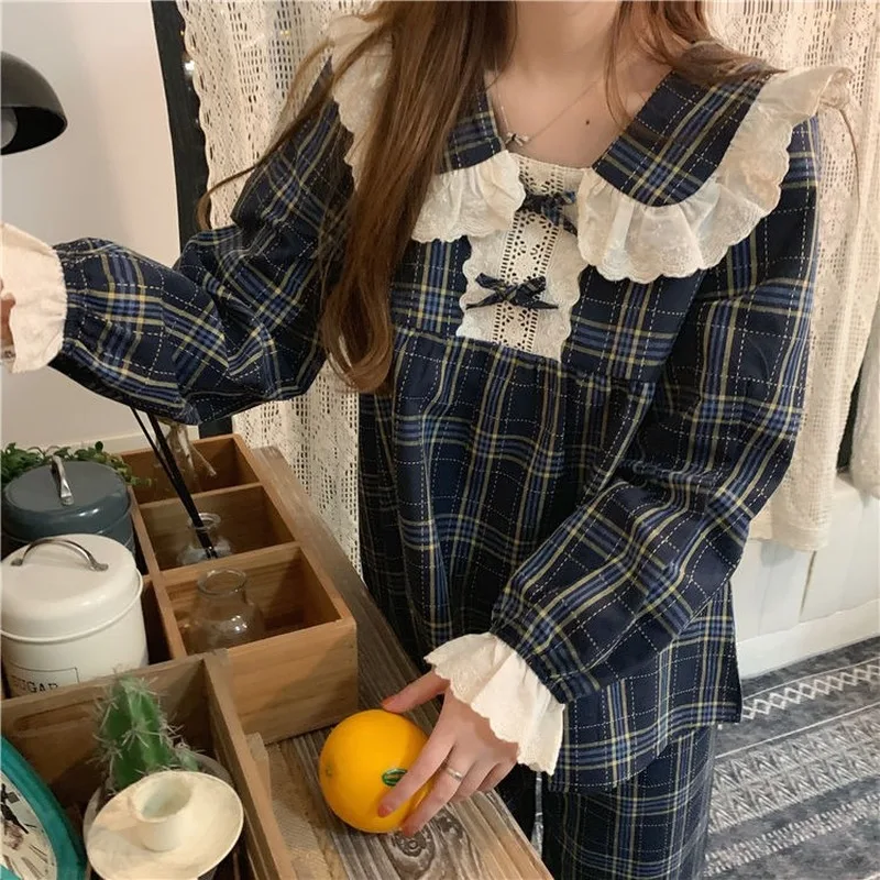 QWEEK Pijama Plaid Korean Pajamas Women Autumn Sleepwear Female Set Lace Chic Loungewear Sweet Long Sleeve Pyjamas Suit Negligee