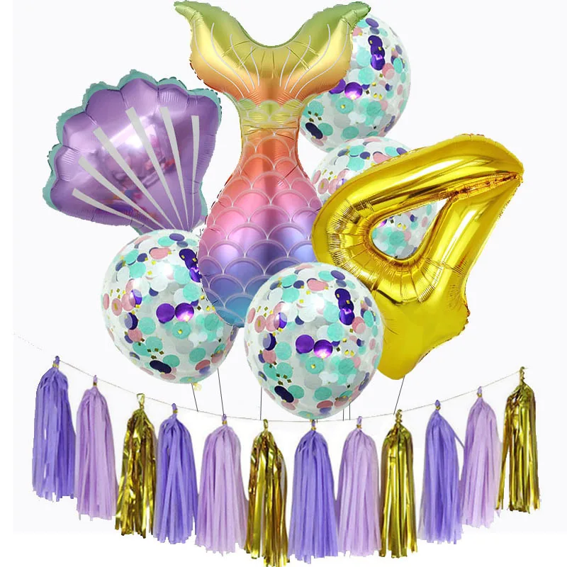 

8PCS Mermaid Birthday Party Decoration Kids Confetti Balloons Mermaid Number 1 2 3 4 Foil Balloon Globos Pink Tassel Decoration