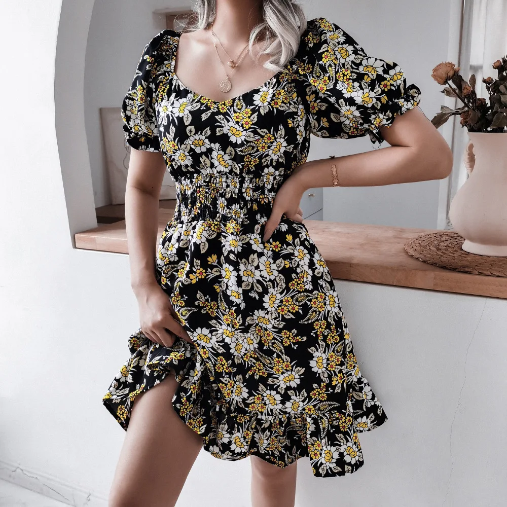 

Summer Dress For Women 2021 Beach Chiffon Dress Short Sleeve Floral Print Boho Mini Party Dress Elegant Sundress robe femme