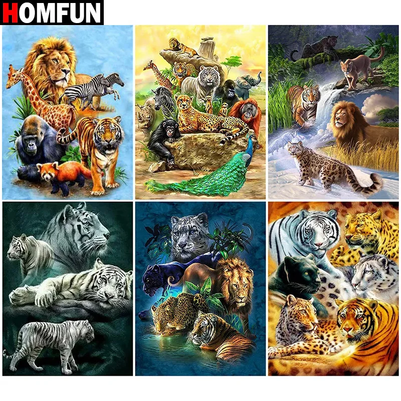 

HOMFUN Diamond painting "Animal Tiger lion leopard"Full Square/Round Drill Wall Decor Inlaid Resin Embroidery Craft Cross stitch