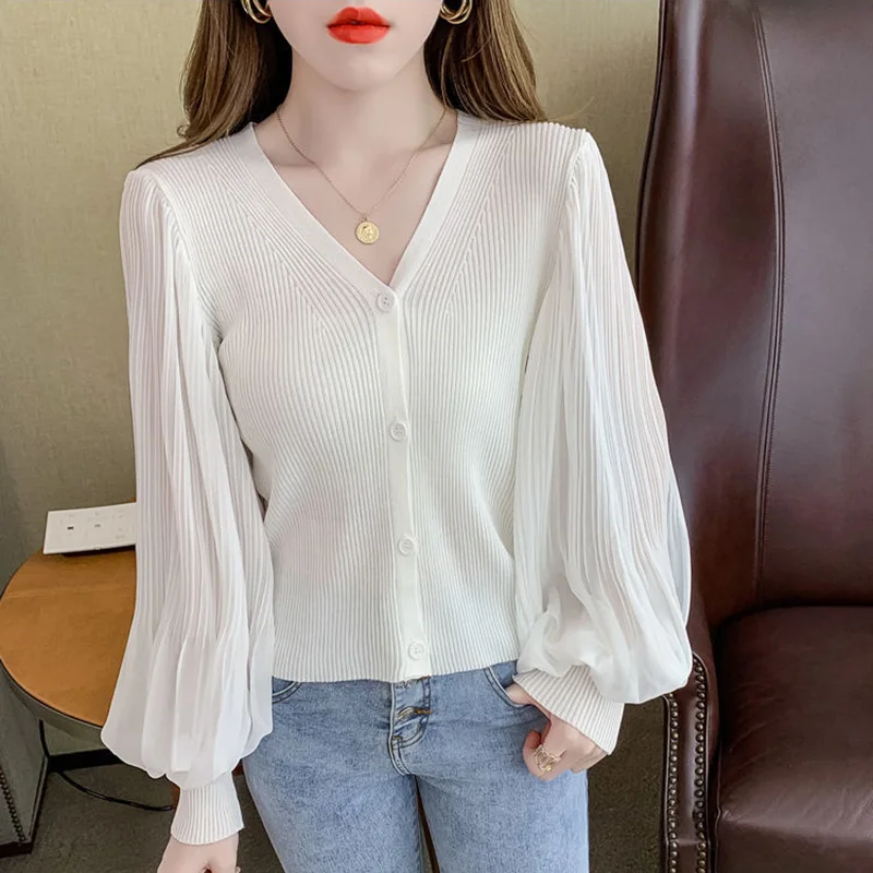 Короткая женская блузка в стиле пэчворк вязаная шифоновая рубашка Офисная