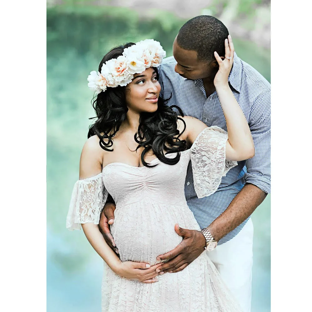 

Sexy Maternity Dresses Women Photo Shoot Maxi Dress Floral Lace Short Sleeve Photography Fly Sleeves Off Shoulder Long Dress Y4