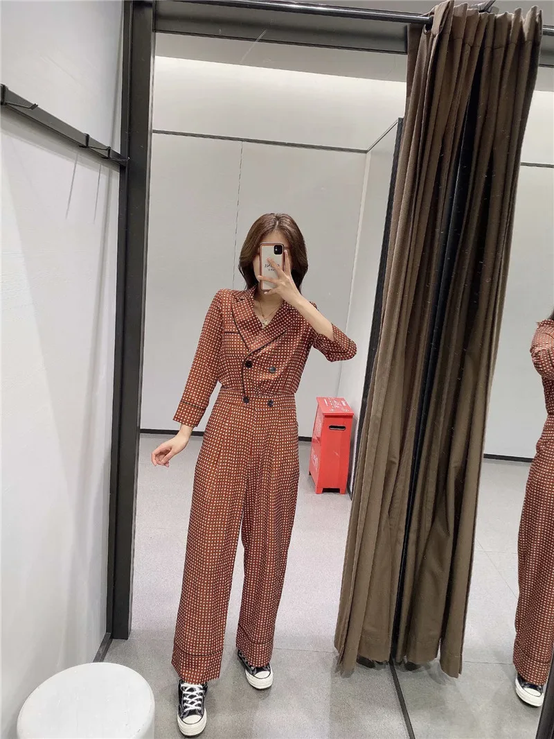 

TMODA1837 Za 2021 Summer Autumn Women Plaid Print Red Long Jumpsuit Long Sleeve Pocket Buttons Female Casual Jumpsuit