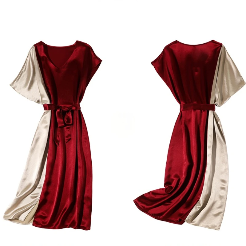 

Summer Women Elegant Satin Dress Color Contrast Short-Sleeved V-Neck Ladies Vintage Dress 2021 Female Vestidos