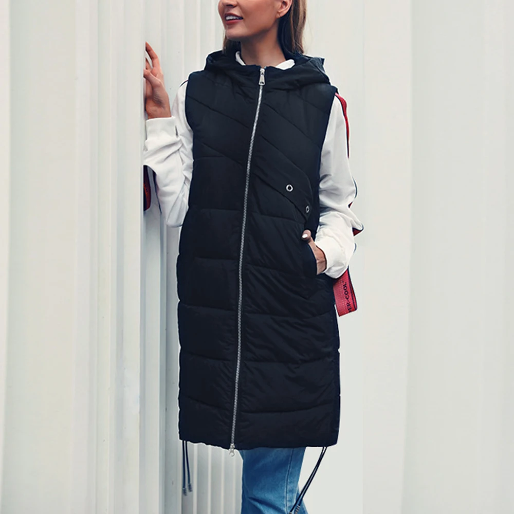 Женский Длинный хлопковый жилет с капюшоном однотонный без рукавов большим