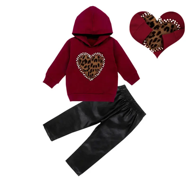 Toddler Kids Baby Girls Clothes NEW 2PCS Sets Tracksuit Love Heart Leopard Print Long Sleeve Hoodies Tops+PU Pants Outfits | Детская