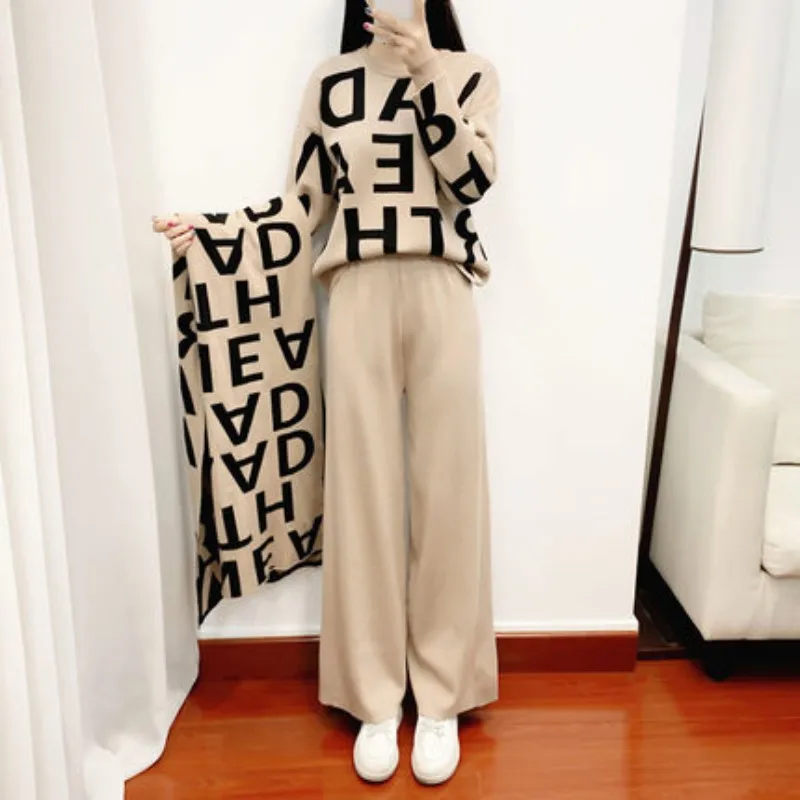

Nice Pop Korean Casual Tracksuit Women 3 Pieces Set Knitted Pullover Sweaters Tops + Letter Scarf + Pants Suit High Quality