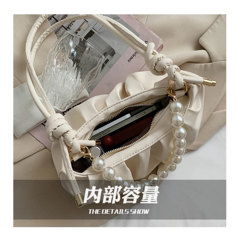 

Designer Luxury Hobos Shoulder Bag for Women Sling Ruched Pearl Baguette Handbag Solid Casual Clutch Pleated New Purse Party