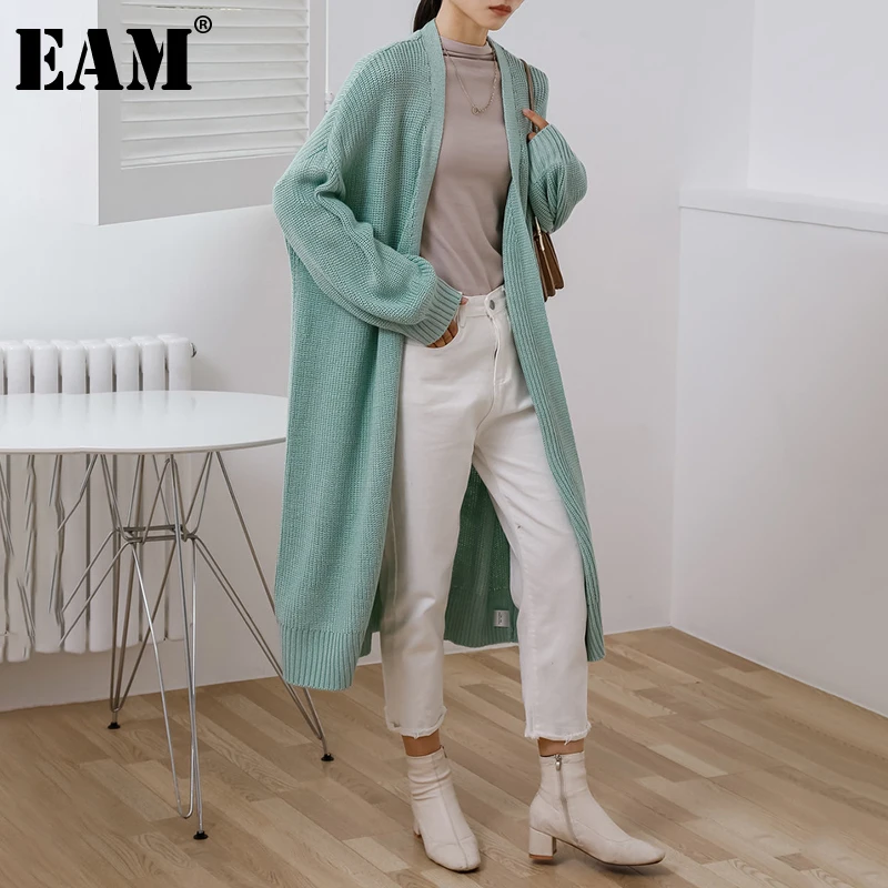 

[EAM] синий длинный теплый большой размер вязаный кардиган свитер свободный v-образный вырез с длинным рукавом Женская Новая мода осень зима ...