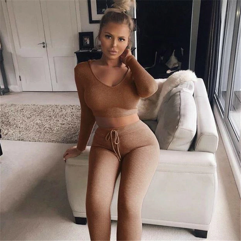 Осенне-зимний женский костюм сексуальный комплект Топы + штаны спортивный