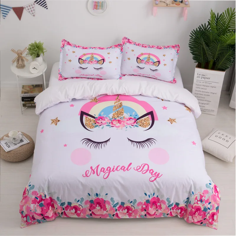 

Unicorn Printed Bedding Set Cute Pink Duvet Cover Queen King Size Lovely Comforter Sets Cartoon Bed Linen Twins Gift For Girls