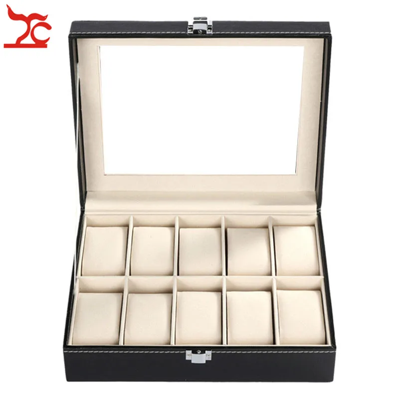 10 Slots Grid Black PU Leather Watch Case Jewelry Wristwatch Bracelet Storage Organizer Box Locked Caixa Para Relogio | Всё для