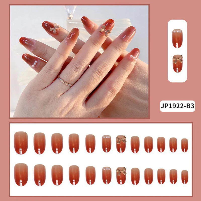 

24 шт./компл. накладные ногти с красным градиентом 3D Лук Длинная Круглая головка балетные ногти бант Декор носимый готовый гель для ногтей