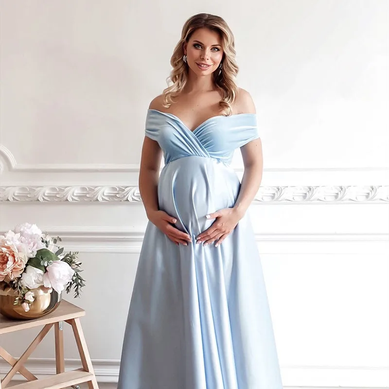 Satin Silk Baby Shower Long Dresses Velvet Joint Silk Maternity Photo Shoot Dress Short Sleeve Pregnancy Photography Maxi Gown