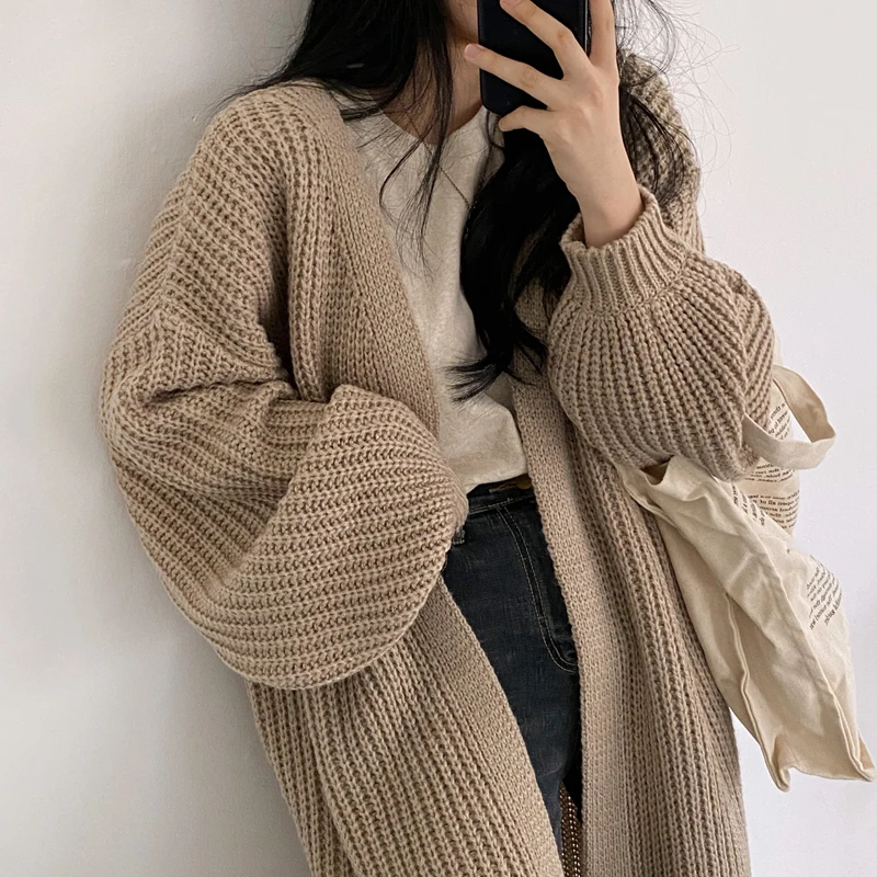 2021 Casual Long Knitted Cardigan Women Vintage Black Loose Sweater Coat Solid Oversized Jumper Outwear Autumn Winter 3 Color