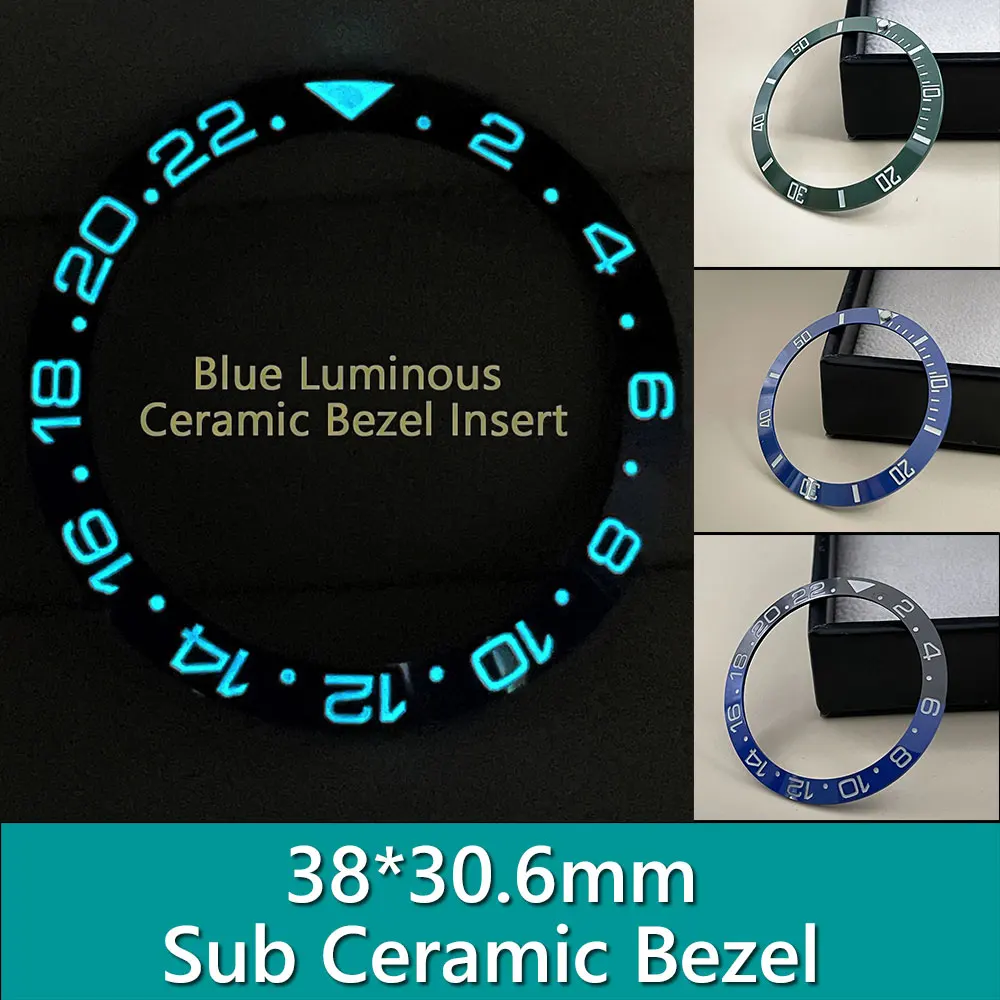 

Ceramic Watch Case Bezel Fits GMT/SUB Automatic Watch Parts Sloping 38mm*30.6mm Green Luminous Bezel Ring Insert Blue/Black