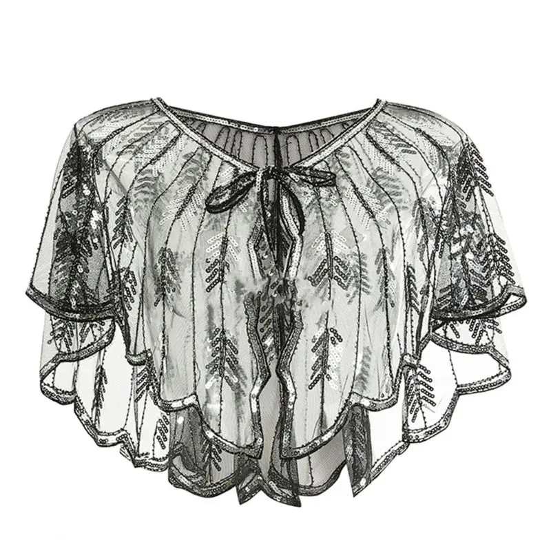 Женская шаль 1920 s, блестящая, с металлическими листьями, с блестками, вечерняя накидка, с завязками, на шнуровке, свадебное болеро, накидка