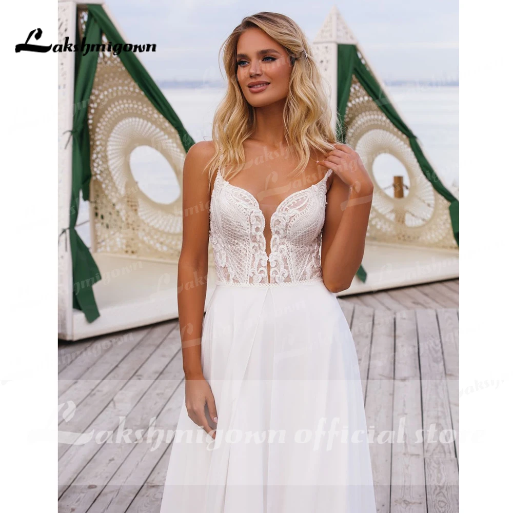 

Lakshmigown Sexy Spaghetti Straps Lace Chiffon Sleeveless Wedding Dresses 2021 Beach Deep V Neck A Line Backless vestidode noiva
