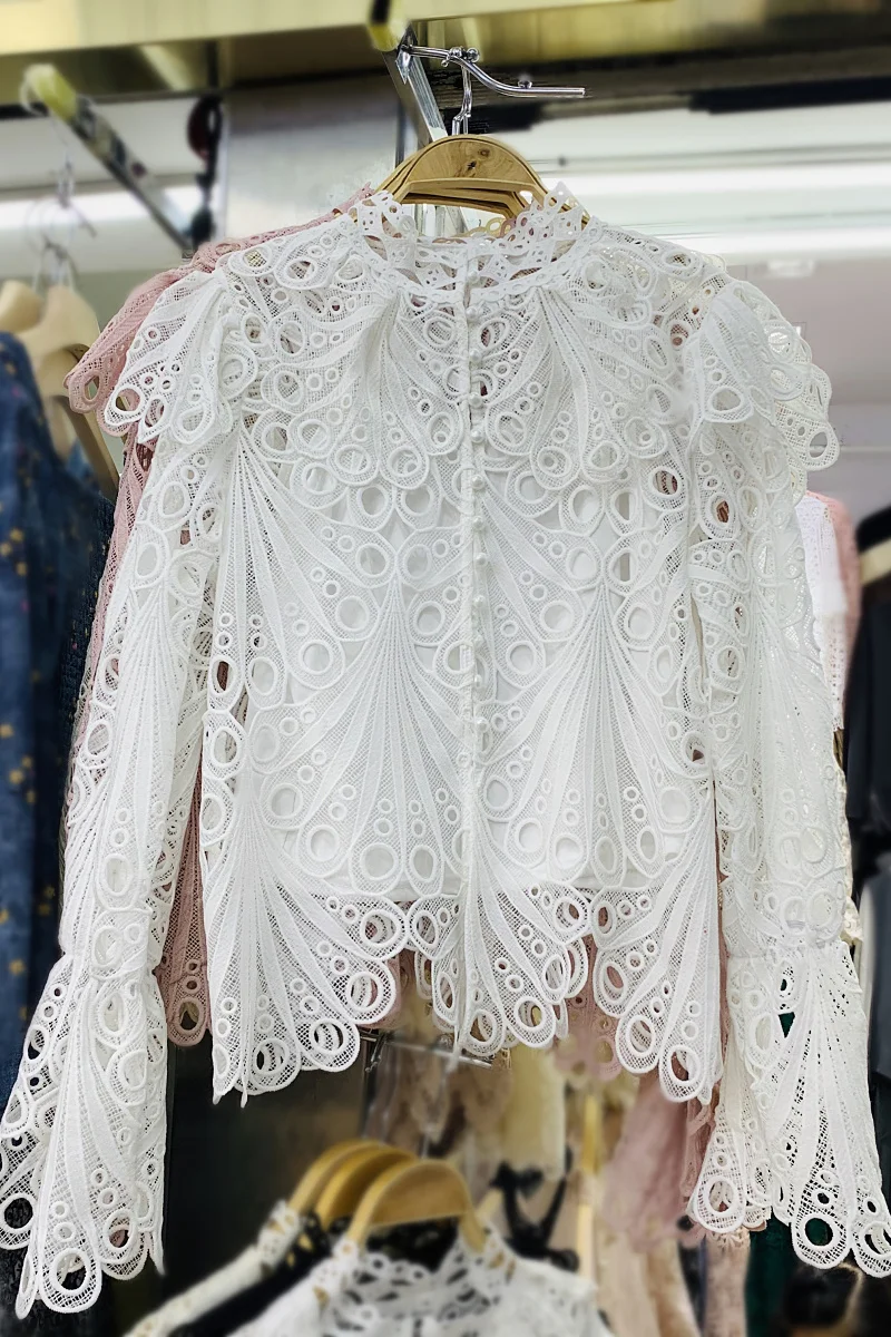 

2021 Women's New Spring Fashionable All-Match Solid Color Blouse Top Turtleneck Flare Sleeve Hollow-out Lace Shirt Ladies